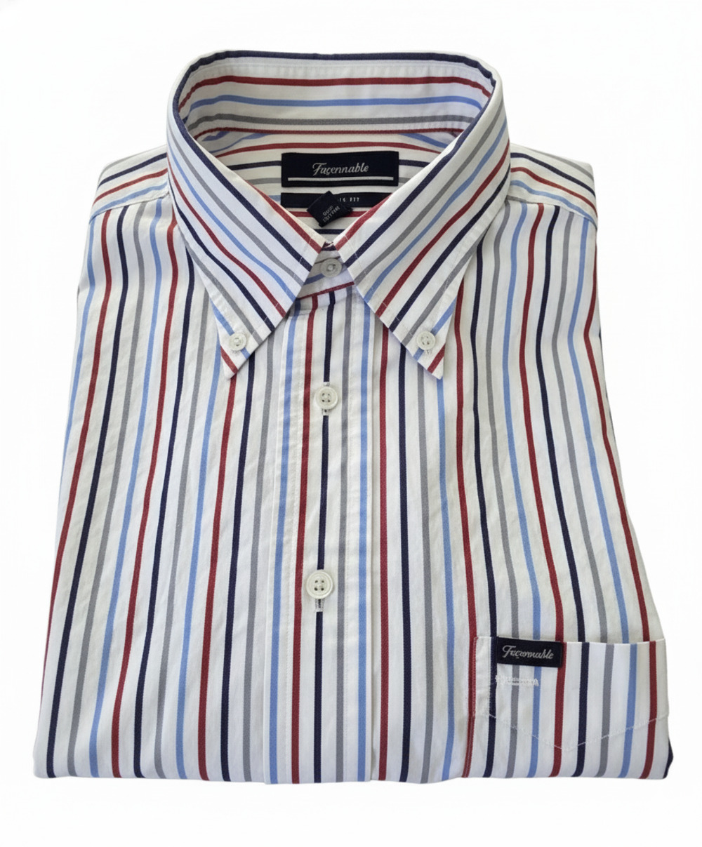 Faconnable Relaxed Fit Shirt Men's L 100% Cotton Red White Blue Stripe